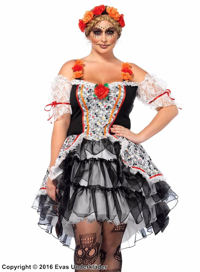 Day of the Dead (woman), costume dress, ruffles, cold shoulder, flowers, skulls, plus size